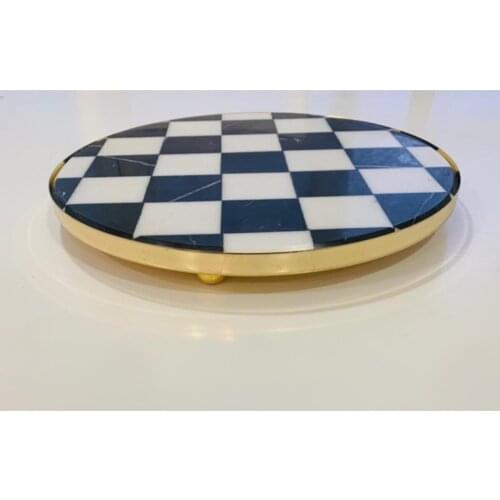Checkered Brass Floor Standing Natural Marble Presentation Tray