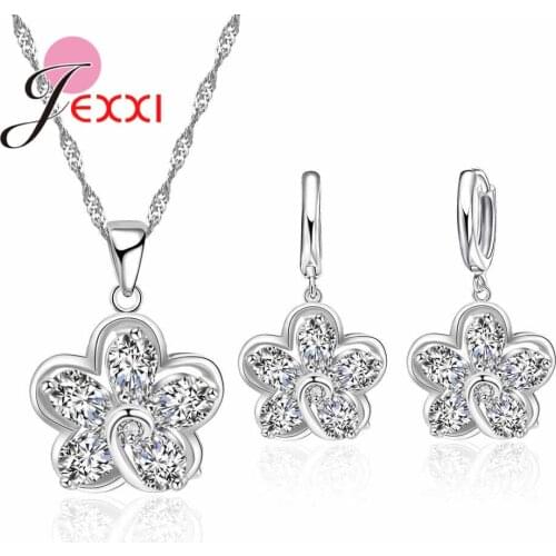 Elegant Cubic Zircon AAA+ Crystal Flower Dangle Earrings Necklace Sets for Women Party Jewelry Set 925 Sterling Silver Jewelry