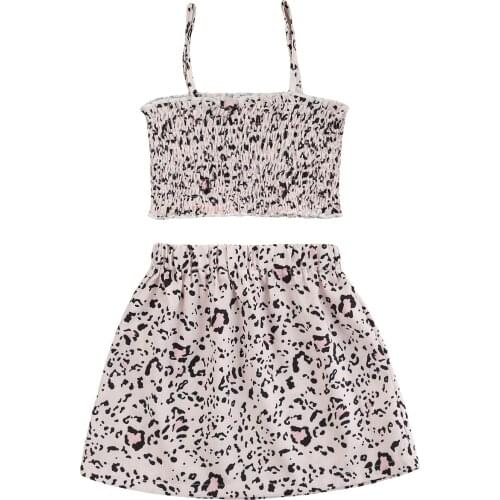 OPPERIAYA Summer Leopard Print Clothing Casual Set Baby Girls Sleeveless Ruffle Hem Cropped T-shirt Elastic Waist Short Skirt