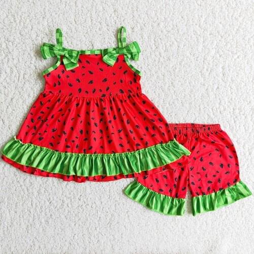 Hot Sale Baby Girls Summer Clothes Sets Fashion Watermelon Print Boutique Kids Clothing Red Green Toddler Baby Clothes Wholesale