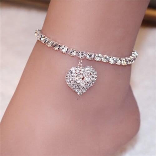 Fashion Rhinestone Peach Heart Shape Anklets Women Beach Star Barefoot Love Pendant Anklet Bracelet Leg Chain Jewelry for Gift