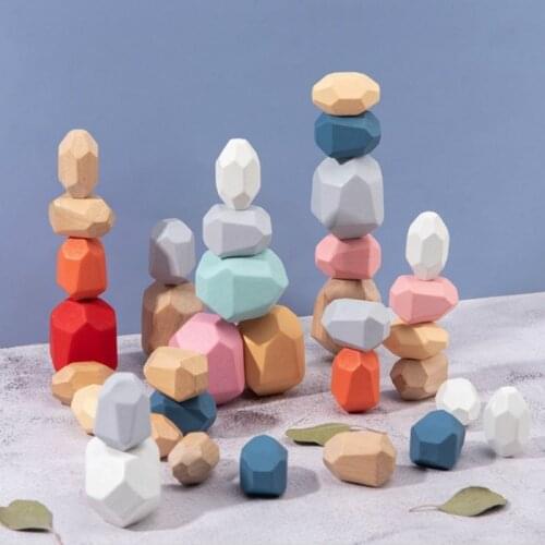 Montessori Wooden Simulation Colored Stone Educational Toy Ornaments Children Stacking Stone Toys