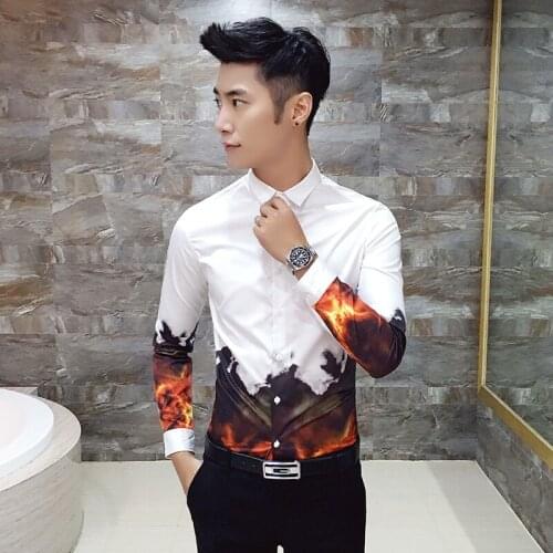 16 autumn new flame pattern digital printing mens long sleeve shirt 1540-P55- white