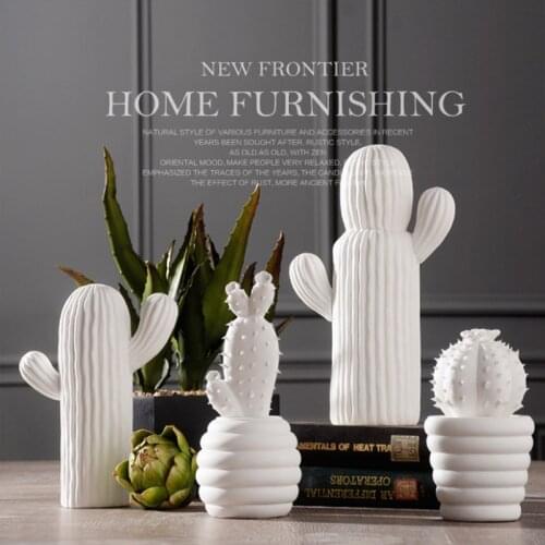 Nordic Ceramic White Cactus Figurines Light Luxury Creative Plant Ornament Modern For Interior Home Office Desk Decoration