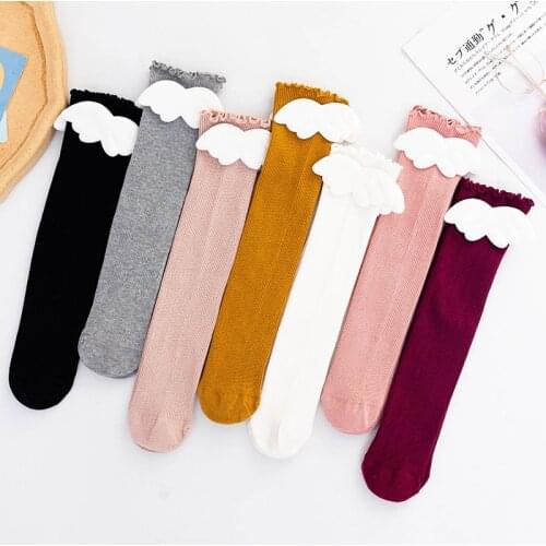 1 Pair Childrens Spring Summer Socks With Angel Cute Wing Cute Girls Princess Solid Color In Tube Kawaii Socks For Baby Girls