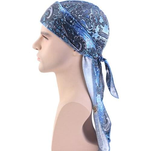 New Unisex Bandana Silky Long Tail Hat Head Wrap Elastic Cap Scarf Men Pirate Hat Turban Headwear Doo Durag Cap