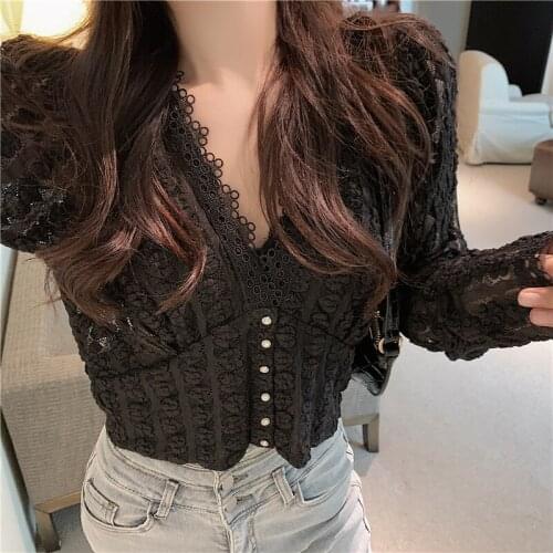 Hstar 2021 Autumn Korean Style Short White Lace Shirt Women V-neck Long Sleeve Cardigan Vintage Female Blouses Elegant Blusas
