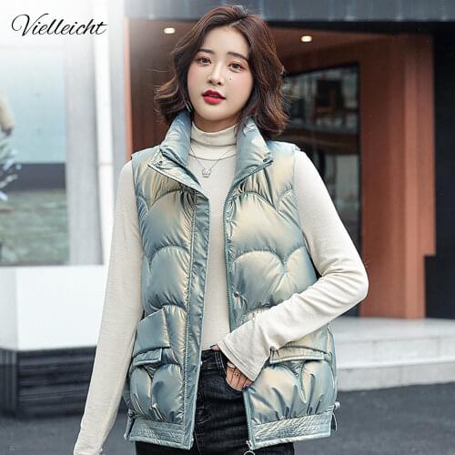Vielleicht Autumn Winter Womens Solid Loose Vest Glossy Stand Collar Short Vest Jacket Cotton Padded Womens Warm Waistcoat