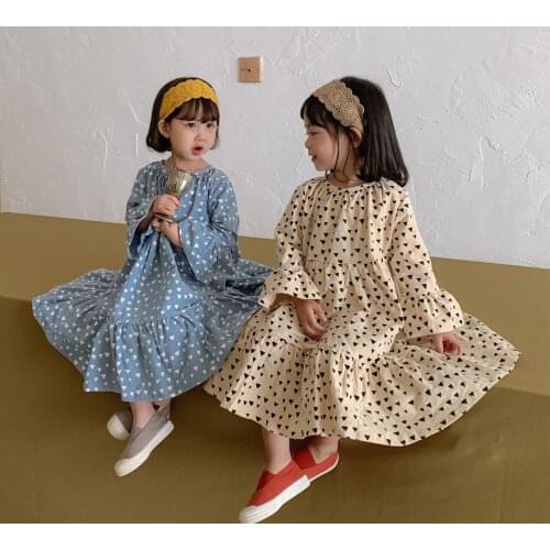 Autumn Little Princess Triangle Printing Long Style Dresses Girls Cotton Loose Dress