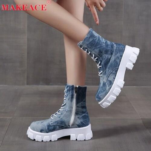 Autumn New Womens Martin Boots 2021 Fashion Denim Camo Womens Ankle Boots Patchwork Fabric Platform Womens Sports Boots