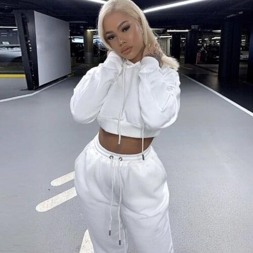 Autumn Casual Fleece 2 Piece Set Tracksuit Women Hoodies Cropped Tops and Pants Suit Two Piece Drawstring Outfits matching Sets
