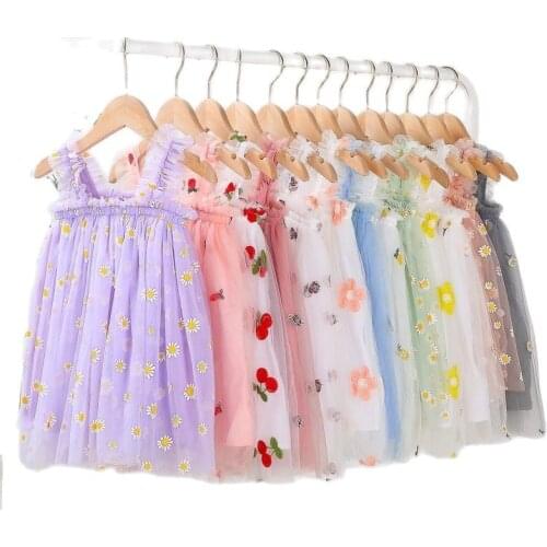 Flower Embroidery Girls Dress Summer Baby Sling Tulle Pettskirt Sweet Lace Kid Princess Dresses Party Vestidos Para Clothes 1-6T