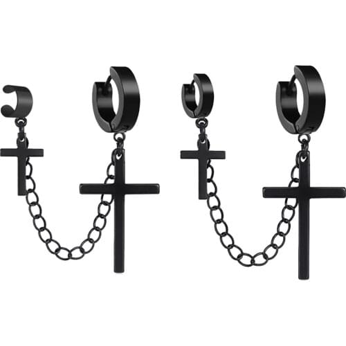 Punk Men Women Stainless Steel Earrings Metal Chain Double Cross Pendents Black/gold Color Earrings Gothic Jewelry