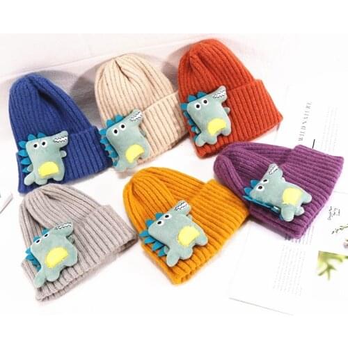 New arrive winter keep warm cartoon dinosaur shape knitted hat Korean kids lovely hooded hat boys and girls woolen head hat kid