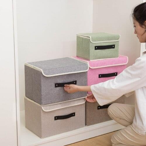 Foldable Storage Box Bin with Lid Toys Organizer Food Clothes Scarf Socks Stockpile Cotton and Hemp Basket