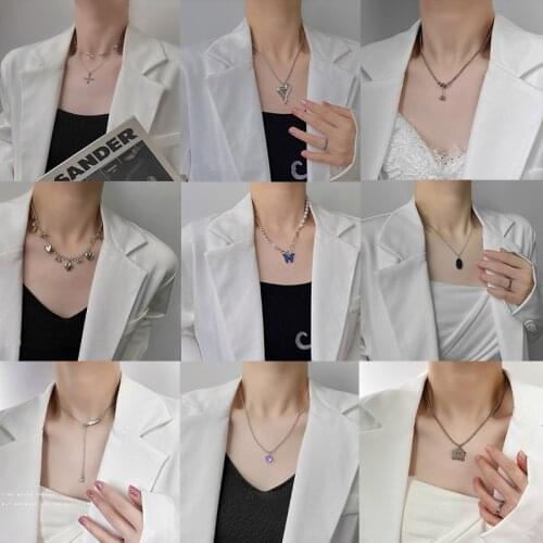 SOHOT Hip Hop Geometry Cross Heart Butterfly Oval Feather Clouds Fish Tail Flowers Bow Cuban Chain Necklace Female Drop Shipping