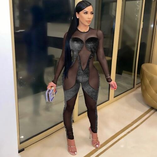 Srxy Mesh Women Jumpsuit Skinny Striped Female Elastic Velvet Splicing Jumpsuit Full Sleeve Bodycon Zipper Outifts New