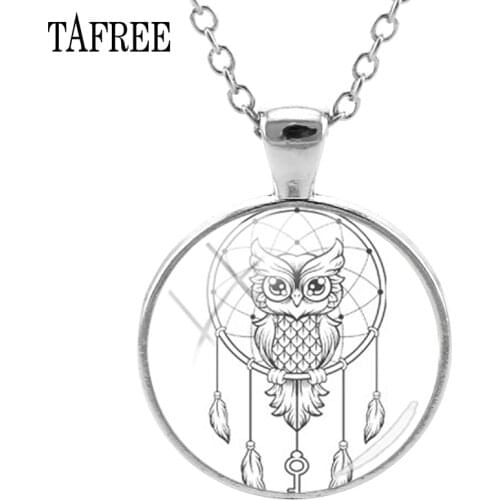 TAFREE Dream Catcher & Owl Pendants Necklaces New Black And White Art Pattern Glass Cabochon Dome Handmade Jewelry DH54