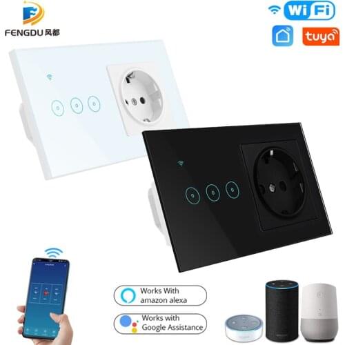 Tuya WiFi Smart Light Switch with EU Socket, 1 2 3 Gang Touch Control Smart Wall Switch Voice Work with Alexa, Google Home