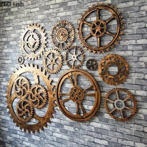 Vintage Imitation Metal Wooden Golden Gear Wall Decoration Bar Background Wall Circular Gear Wall Hanging Crafts Home Decoration