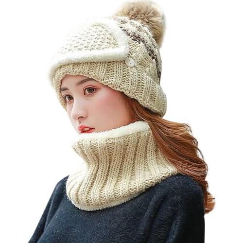 Knitted Hairball Womens Beanies Winter Plus Thick Wool Button Female Hat Cover Ear Flap Western Style Fashion Ladies Skullies