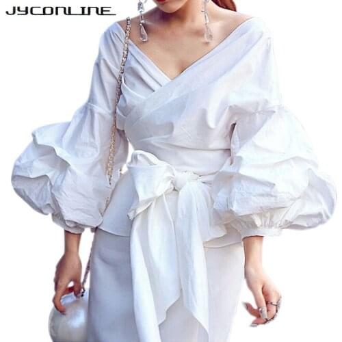 2017 Sexy V Neck Women Blouses And Shirts Vintage Blusa Puff Sleeve Bow Tie Loose Blouse Plus Size Womens Shirts Work Wear Tops