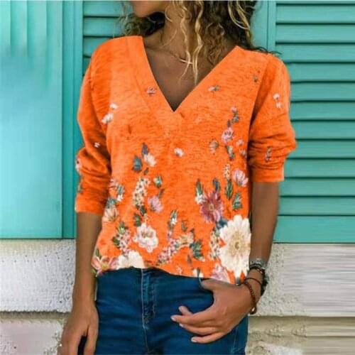Explosive spring 2021 new womens emerald print casual loose V-neck long-sleeved T-shirt women