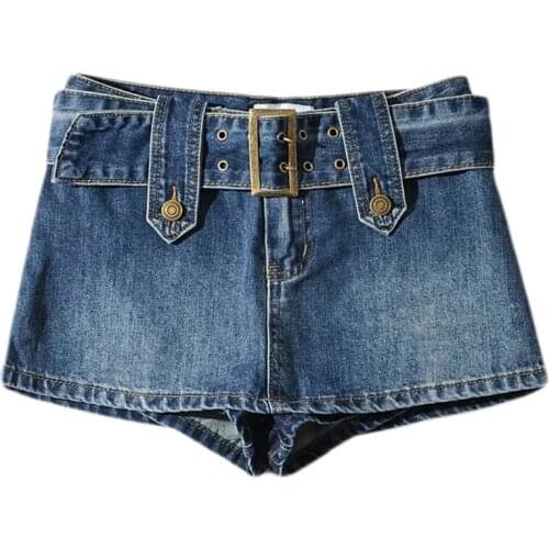 Women Washed Jean Package Hip Button Bodycon Micro Mini Denim Skirt with Sashes