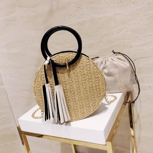 Women Straw Shopper Bag Luxury Designer Handbag 2021 Fashion Casual Woven Tassel Chain Ring Handle Round Beach Bag Crossbody Bag