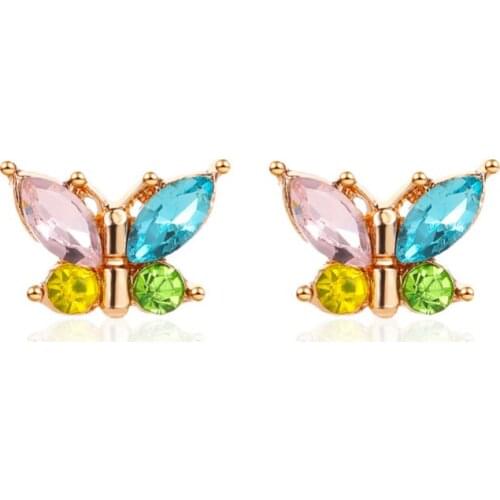 Butterfly Shape Bling Shining Pink Blue Green Yellow Zircon Golden Edge Alloy Stud Earrings For Women