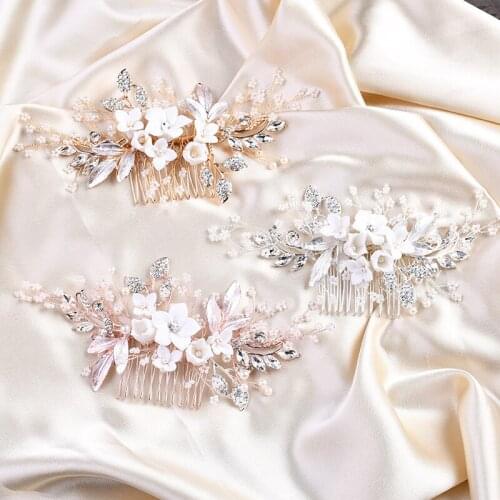 3 Colors Ceramic Flowers Women Hair Combs Wedding Hair Accessories Rhinestone Head Decoration Bridal Leaf Hair Jewelry Ornament