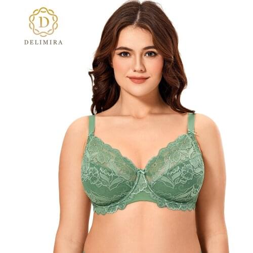 Delimira Womens Plus Size Full Coverage Non-Foam Embroidery Floral Underwired Lace Bra