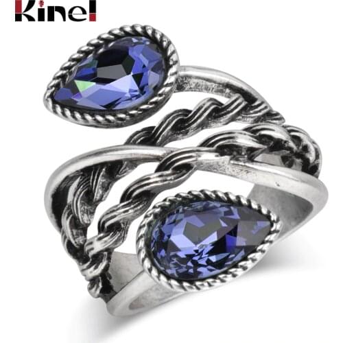 Kinel Hot Vintage Silver Color Crystal Rings For Women Cocktail Party Wide Female Blue Ring Wedding Jewelry Drop Shipping