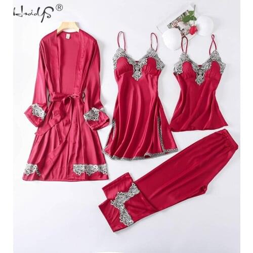 4 Pieces Women Pajamas Sets Faux Silk Pajamas Sleepwear Sets Elegant Sexy Lace Fashion Spring Autumn Homewear Robe Sleep Lounge