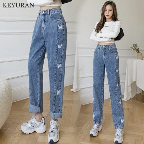 Harajuku Butterfly Embroidery Mom Jeans Women Fashion Street Denim Trousers Baggy High Waist Casual Korean Wide Leg Pants