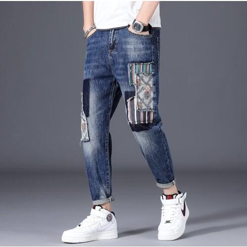 Streetwear Fashion Men Jeans Retro Blue Elastic Slim Fit Ripped Jeans For Men Patches Designer Hip Hop Cotton Denim Punk Pants