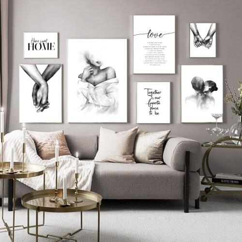 Canvas Painting Nordic Black White Shoulder Kissing Hand Wall Art Poster Minimalism Print Love Quotes Living Room Decoration