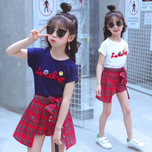 Childrens Set Summer Girls Short Sleeve White Tops + Red Grid Culottes Two Piece Suit Teen Clothes for Girls 8 9 10 11 12 Years
