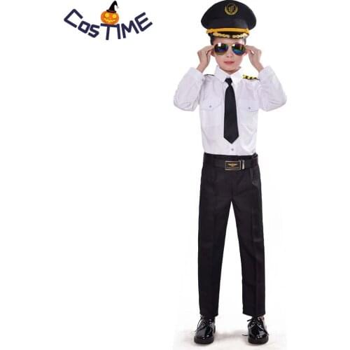Airline Pilot Costume Cool Boy Captain Roleplay 6 pcs Dress Up Set Mile High Flight Uniform Halloween Costume for Children