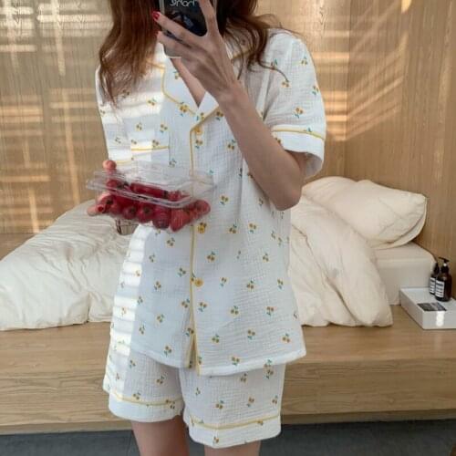 Summer Pajamas Set Cotton Sleepwear Cherry Women Short Sleeve Tops Elastic Waist Shorts Homewear 2 Piece Set Cute Home Suit