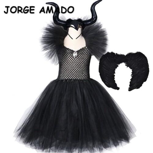 2021 New Summer Baby Girl Cosplay Witch Dress Black Sleeveless + Wing+ Headwear Festival Costume Kids Clothes E123