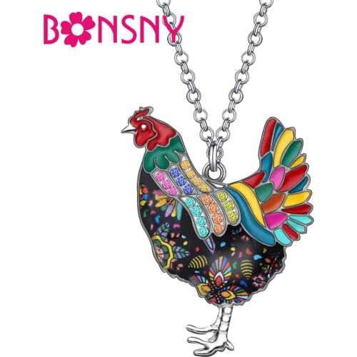 Bonsny Enamel Alloy Rhinestone Chicken Hen Necklace Pendant Chain Crystal Jewelry For Women Girl Charm Decoration Gift Accessory