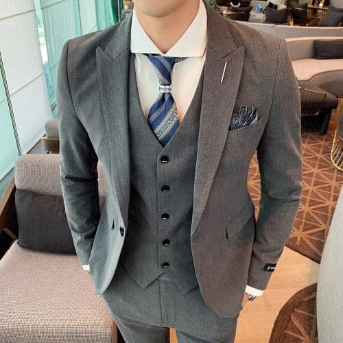 Jacket + Vest + Pants) 2021 new luxury groom pure color slim wedding tuxedo 3-piece suit for mens social formalwear Dress Male