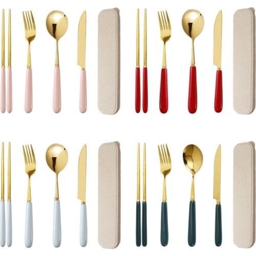 Gold-Plated Glazed Ceramic Handle 304 Stainless Steel Portable Tableware Set Steak Cutlery Chopsticks Western Tableware