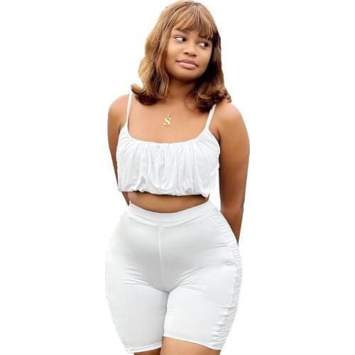 2021 Best Match All White Tracksuit Two Piece Gym Sets Womens Outfits Sleeveless Pullover Crop Top Tee Biker Shorts Jogger Suit