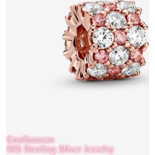 Spring 100% 925 Sterling Silver Pink & Clear Sparkling Charm rose gold beads Fits Original Pandora bracelets Jewelry Making