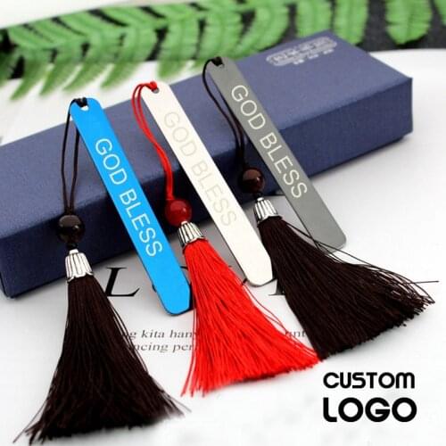 Customized LOGO Stainless Steel Bookmark Tassel Metal Bookmarks Student Stationery Creative Graduation Gifts Wedding Souvenirs