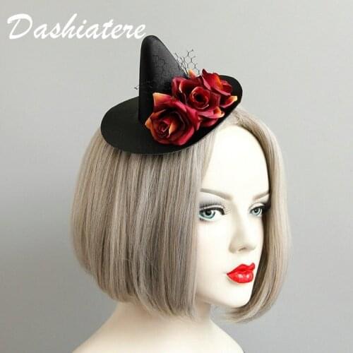 Gothic Devil Vintage Black Hat Barrette Burgundy Rose Flower Hair Clip Wizard Costume Accessory Makeup Party Halloween Headpiece