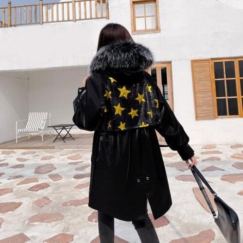 Winter Thicker Sequins Stars Natural Fur Parka Women Causal Coat Fox Fur Hooded and Rabbit Fur Lining