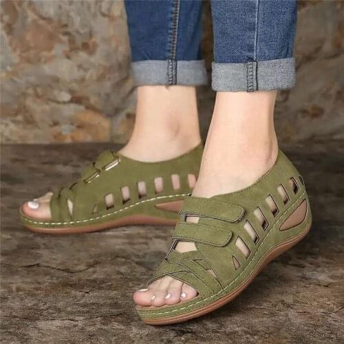 Women Summer Sandals Fish Mouth Hook Casual Solid Plus Size Cross Tied Hollow Out Wedges Leisure Female Shoes